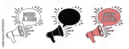 Hiring megaphone icons with Need a Job text, recruitment loudspeaker vector set, career opportunity announcement graphics for job seekers