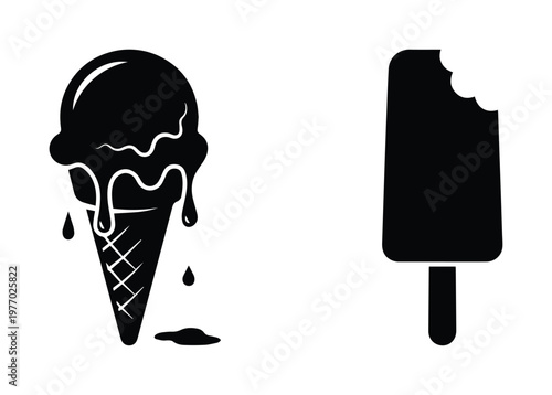 Minimalist ice cream icons set, black silhouette melting ice cream cone and bitten popsicle vector, summer dessert food symbols for menu design