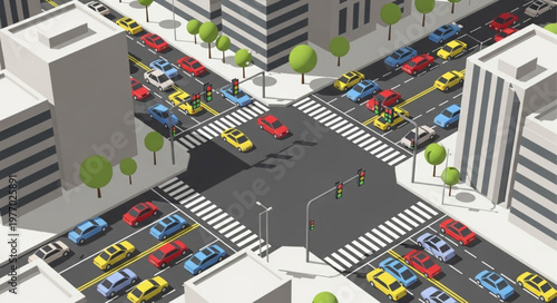 City Intersection with Heavy Traffic and Pedestrian Crossings.