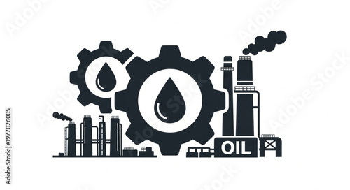 Oil Industry Illustration with Gears and Factory Silhouette.