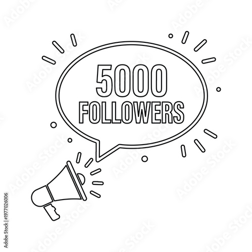 Social media 5000 followers milestone celebration, megaphone with speech bubble vector, outline style 5k subscribers achievement announcement