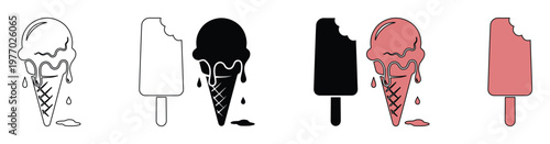 Minimalist ice cream icons set, melting waffle cone and bitten popsicle vectors, pink and black summer dessert illustrations for menu design