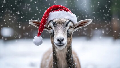 Festive Young Goat in Santa Hat Looking at Camera in Snowy Setting with Blurred Background
