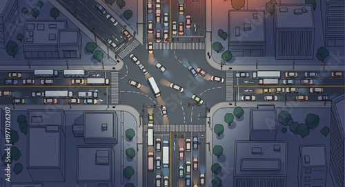Aerial View of a Busy City Intersection at Night.