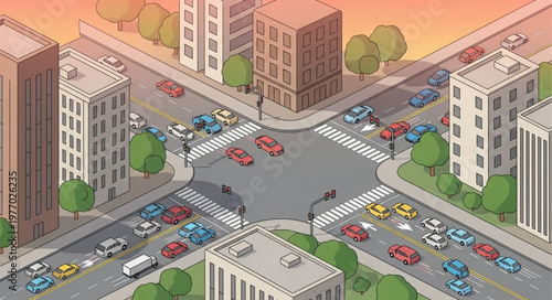 Isometric City Intersection with Cars and Pedestrians Illustration.