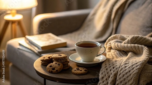 Tea and Cookies on Table Next to Blanket on Sofa in Soft Light - 5