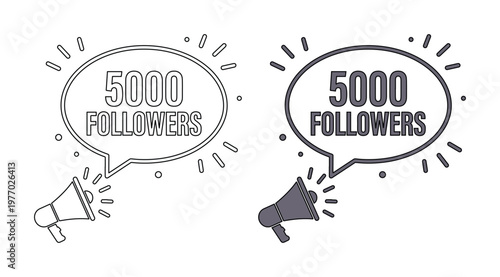 Social media milestone celebration for 5000 followers, megaphone announcement with speech bubble, five thousand followers achievement vector set