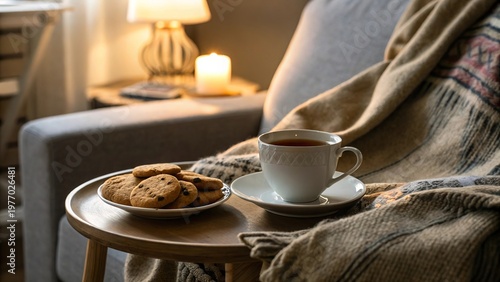 Tea and Cookies on Table Next to Blanket on Sofa in Soft Light - 3