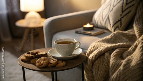 Tea and Cookies on Table Next to Blanket on Sofa in Soft Light - 2