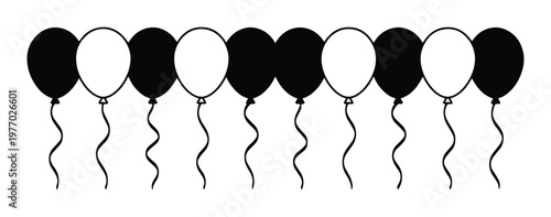 Minimalist balloon border vector, black and white party balloons in a row, decorative festive balloon line for celebration invitations