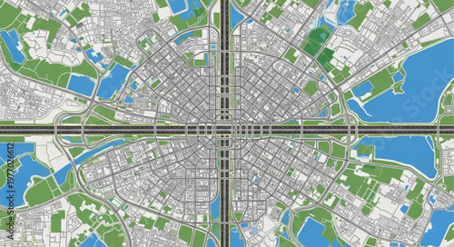Detailed City Map with Prominent Central Axis and Green Spaces.