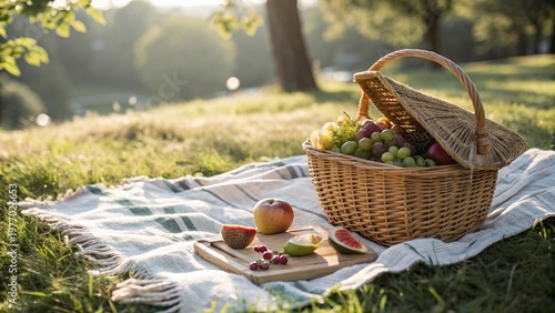 Top View of Picnic Basket with Fruits and Blanket in Sunny Park with Slow Camera Movement - 8