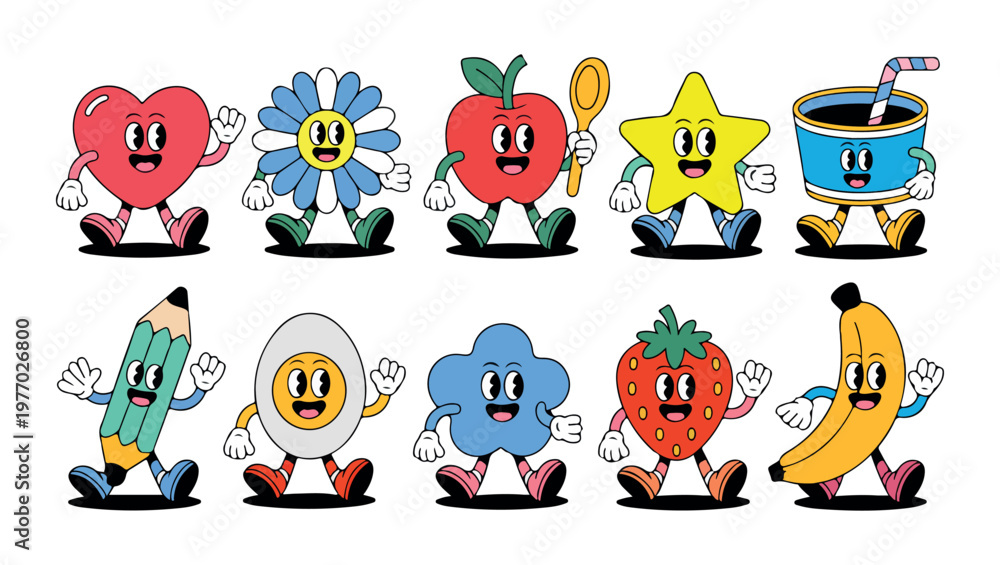 Obraz premium A charming array of everyday objects and fruits depicted as happy cartoon characters