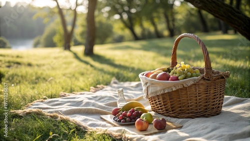 Top View of Picnic Basket with Fruits and Blanket in Sunny Park with Slow Camera Movement - 5