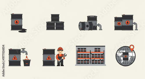 Oil Industry Icons - Barrels, Worker, Gas Station, and Global Impact.
