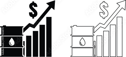 Oil price growth chart and fuel barrel vector illustration set