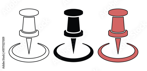Minimalist push pin vector icons, set of 3 map markers in black red and outline styles, office stationery thumbtack symbols for navigation and location