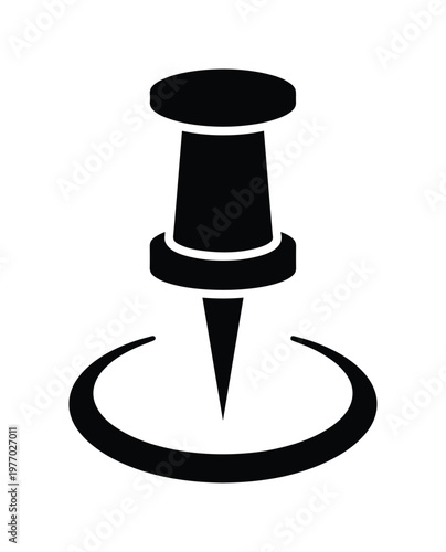 Black push pin icon vector, minimalist map marker symbol, office thumbtack stationery graphic for navigation and location tracking