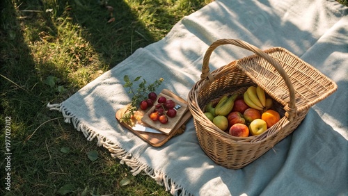 Top View of Picnic Basket with Fruits and Blanket in Sunny Park with Slow Camera Movement - 2