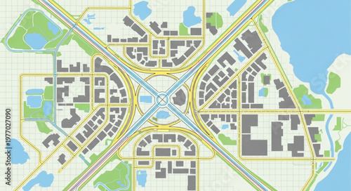 Detailed City Map with Roads, Buildings, and Green Spaces.