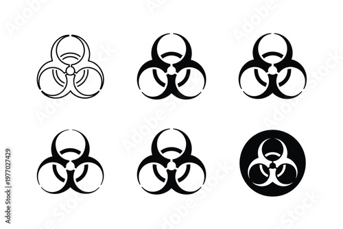 A collection of biohazard symbols in various designs and styles