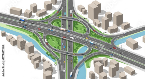 Detailed aerial view of a complex highway interchange design.