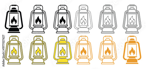 Vintage camping lantern icon set, 12 vector oil lamp illustrations in black and gold line art, traditional kerosene lantern symbols for outdoor adventure