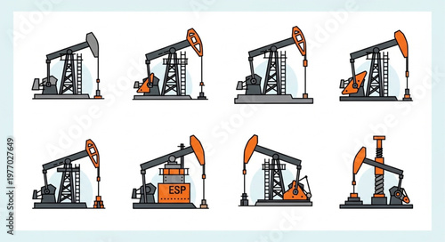 Oil Pumpjacks - A Collection of Industrial Energy Extraction Illustrations.