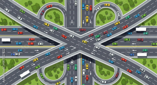 Aerial View of a Busy Highway Interchange with Heavy Traffic.