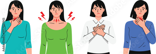 Woman Experiencing Sore Throat and Chest Pain Symptoms Healthcare Illustration Showing Discomfort Infection and Medical Condition Awareness Vector Design