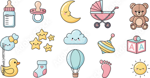 Kawaii Baby Items Icon Set with Bottles, Pacifiers, Strollers, Teddy Bears, Stars, and Footprints for Newborn, Parenting, and Baby Shower Designs