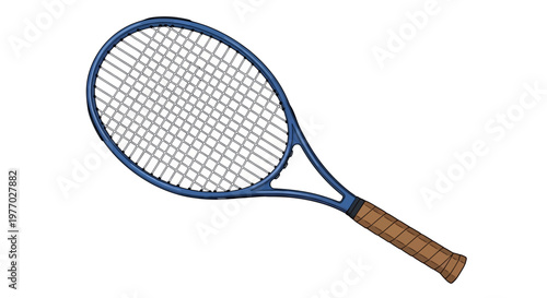 Blue Tennis Racket with Brown Handle.