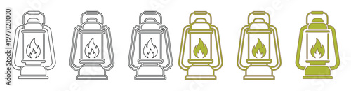 Vintage camping lantern vector icons, set of 6 kerosene lamp illustrations with flame, rustic oil lamp line art for outdoor adventure branding