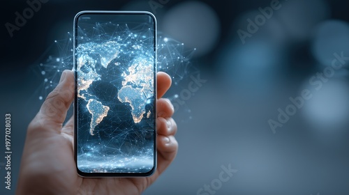 Mobile Phone Displaying Global Network Connectivity Visual, Digital World Map with Network Nodes Tech Illustration