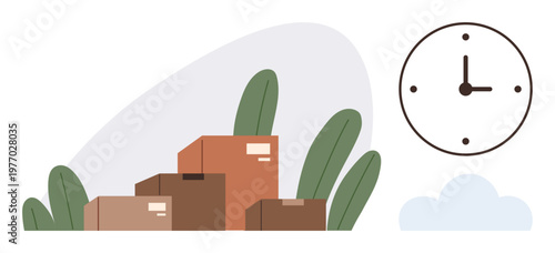Logistics, shipping, time management, delivery schedule, business efficiency, packaging services. Stack of cardboard boxes next to a clock. Logistics and shipping with time and boxes