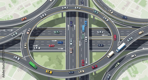 Aerial View of a Busy Highway Interchange with Traffic.