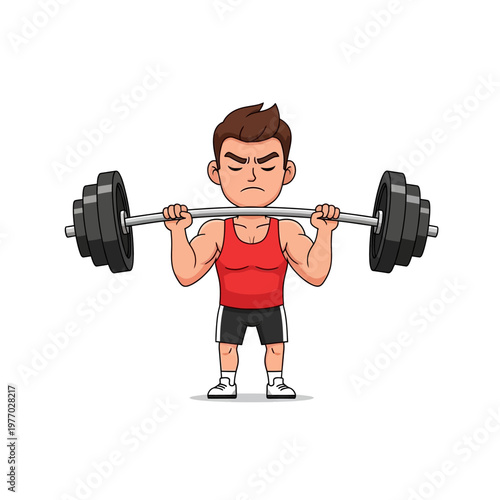 Cartoon man lifting heavy barbell, gym workout, weightlifting, fitness, strength training