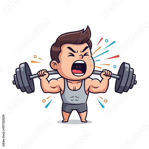 Cartoon Man Lifting Heavy Barbell, Exerting Effort, Fitness Motivation