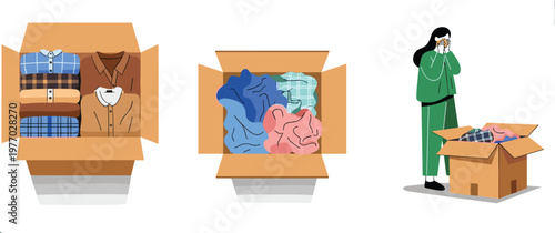 Clothing Donation and Packing Boxes with Folded and Used Clothes Charity Giving Concept Volunteer Helping with Apparel Collection Vector Illustration