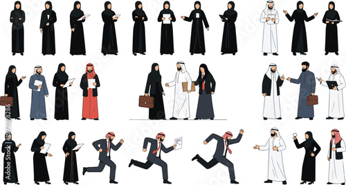 Arab Business People Characters Set in Traditional Clothing with Office Work Actions Communication and Professional Activities Middle Eastern Workforce Vector Illustration