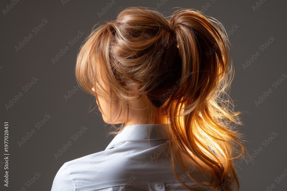 Naklejka premium Elegant Motion Capture of a Chic Ponytail Hairstyle on a Mannequin in a Soft Lighting Setting