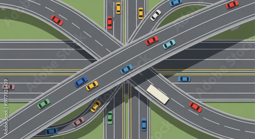 Aerial View of Highway Interchange with Cars and Trucks.