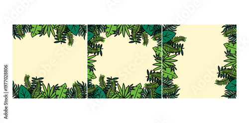 Tropical Leaf Border Triptych With Botanical Green Frame and Empty Beige Panels for Design