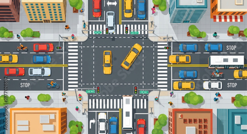 Aerial View of a Busy City Intersection with Traffic.