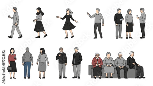 Vector CAD illustration of diverse people standing and sitting in various poses
