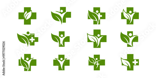Set of medical cross icons combined with green leaves and human silhouettes for natural healthcare.