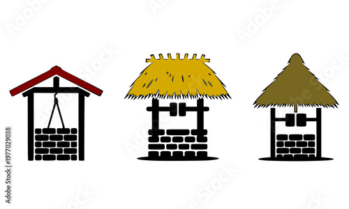  Set of three traditional water well icons with red roof, thatched canopy, and stone brick designs for rural, village, vintage, and countryside themed illustrations and concepts