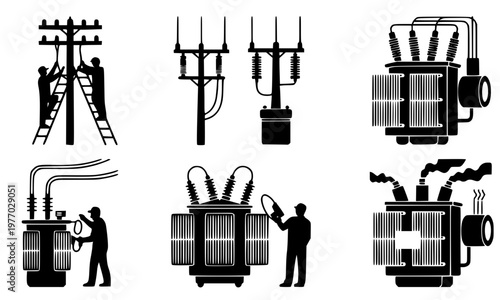 Set of six black silhouette icons featuring electric poles, power transformers, transmission towers, and engineers for energy, electricity, and industrial infrastructure design