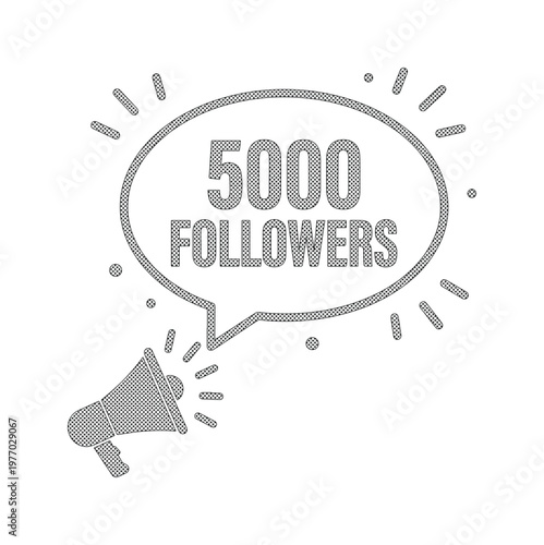 5000 followers social media milestone celebration vector, megaphone announcement with speech bubble, grey minimalist influencer achievement graphic