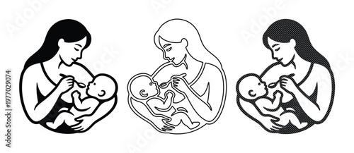 Minimalist mother feeding baby icons, black and white maternal care line art, set of 3 infant nutrition vector illustrations for parenting blogs